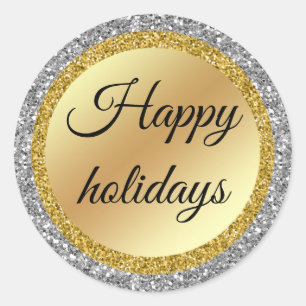 happy holidays,luxury gold and silver background classic round sticker