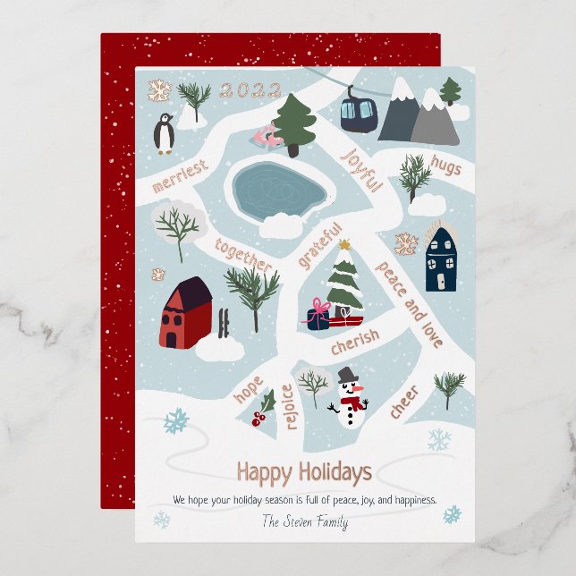 Happy Holidays map story telling illustrations Foil Holiday Card (Front/Back)
