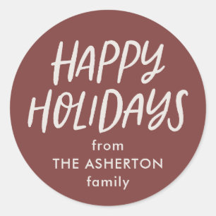 Happy holidays maroon simple gift classic round sticker