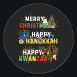 Happy Holidays Merry Christmas Happy Hanukkah Happ Classic Round Sticker<br><div class="desc">Happy Holidays Merry Christmas Happy Hanukkah Happy Kwanzaa 1</div>