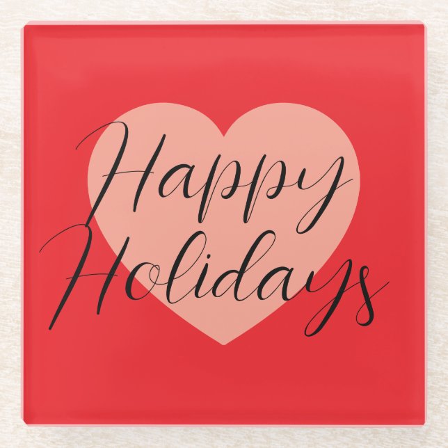Happy Holidays Merry Christmas Holiday Time Heart Glass Coaster (Front)