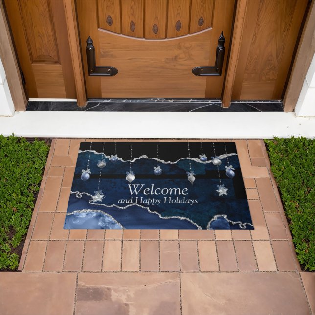 Happy Holidays / Merry Christmas in Blue & Black Doormat (Outdoor)