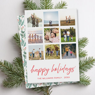 Happy Holidays Minimalist Script 9 Photo Collage Holiday Card