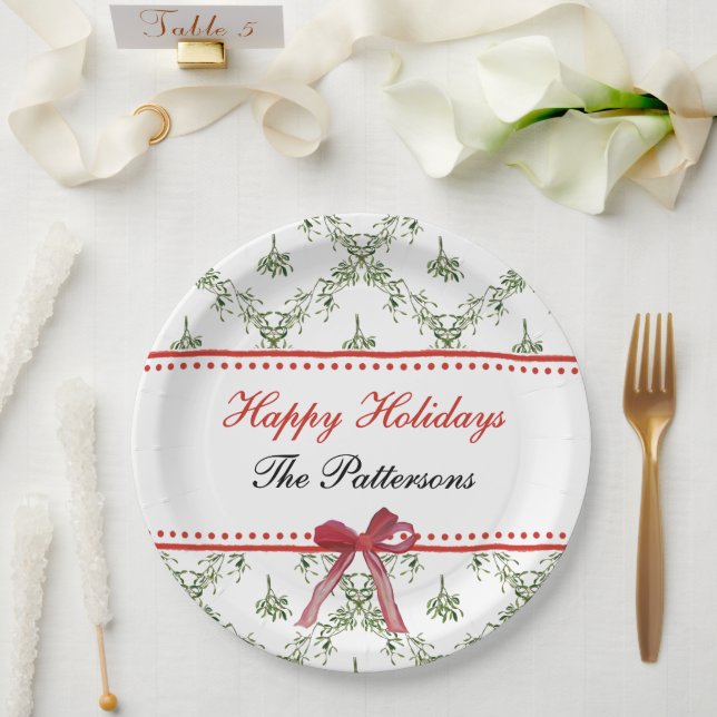 Happy Holidays Mistletoe Red Bow Custom Christmas Paper Plate (Wedding)
