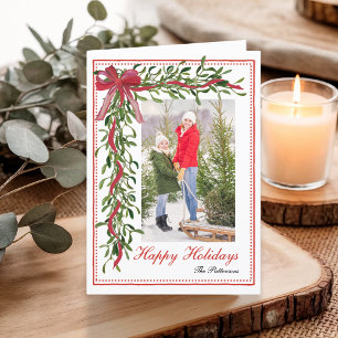 Happy Holidays Mistletoe Red Bow Family Photo Holiday Card