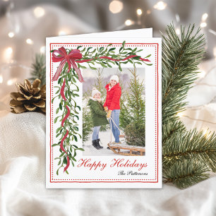 Happy Holidays Mistletoe Red Bow Family Photo Holiday Card