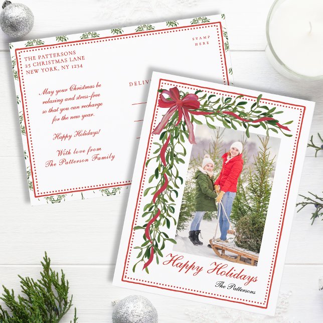 Happy Holidays Mistletoe Red Bow Family Photo Holiday Postcard (Creator Uploaded)