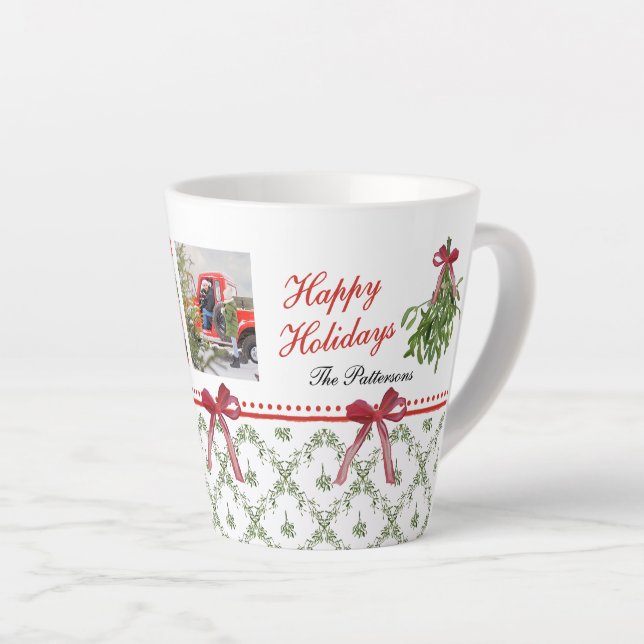 Happy Holidays Mistletoe Red Bow Family Photo  Latte Mug (Right Angle)