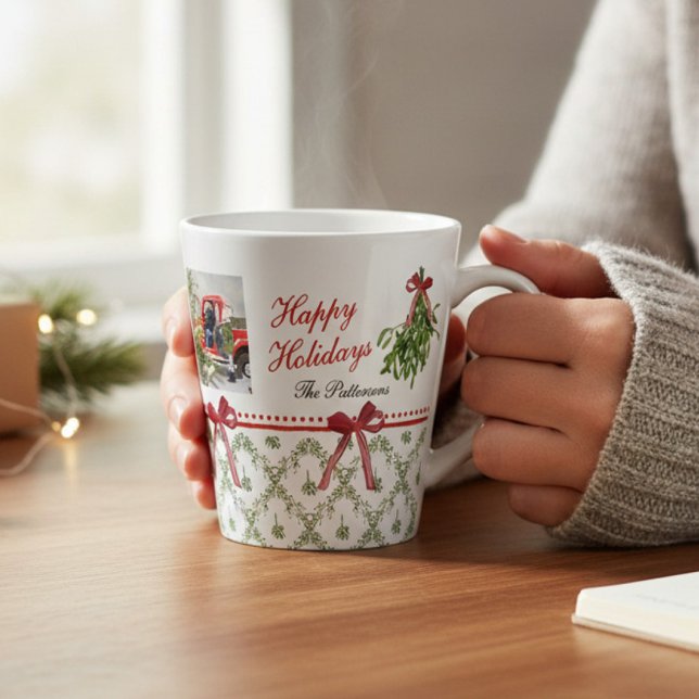 Happy Holidays Mistletoe Red Bow Family Photo  Latte Mug (Creator Uploaded)