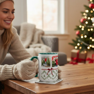 Happy Holidays Mistletoe Red Bow Family Photo Mug