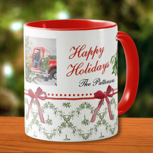 Happy Holidays Mistletoe Red Bow Family Photo  Mug