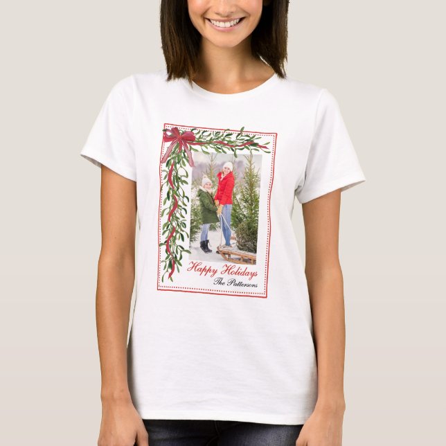 Happy Holidays Mistletoe Red Bow Family Photo T-Shirt (Front)