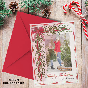 Happy Holidays Mistletoe Red Bow Family Photo Vellum Invitations