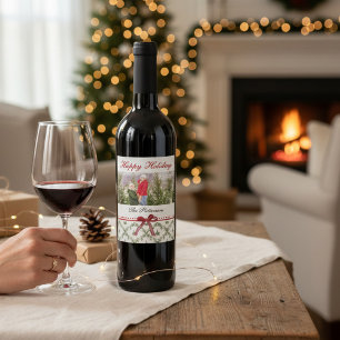 Happy Holidays Mistletoe Red Bow Family Photo Wine Label