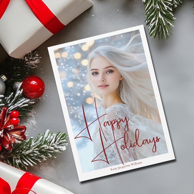 Happy Holidays Model Actress Headshot Red Script Holiday Card (Creator Uploaded)