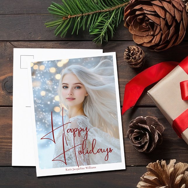 Happy Holidays Model Headshot Red Script Holiday Postcard (Creator Uploaded)