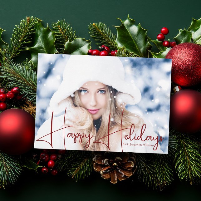 Happy Holidays Model Headshot Red Script Overlay Holiday Card (Creator Uploaded)