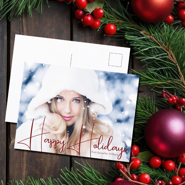 Happy Holidays Model Headshot Red Script Overlay Holiday Postcard (Creator Uploaded)
