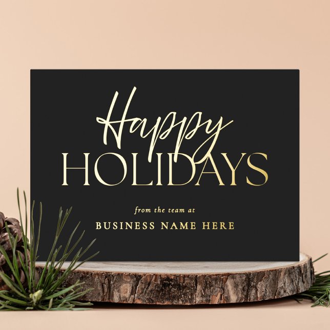 Happy Holidays Modern Black Gold Script Business Foil Holiday Card (Creator Uploaded)