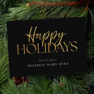 Happy Holidays Modern Black Gold Script Business Holiday Card