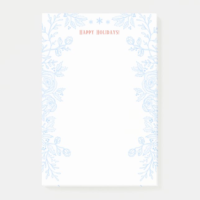 Happy Holidays Modern Blue Holly Floral Outline Post-it Notes (Front)