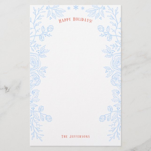 Happy Holidays Modern Blue Red Floral Outline Stationery (Front)