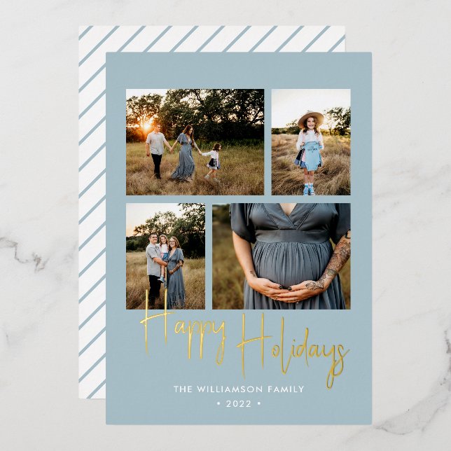 Happy Holidays Modern Blue Script 4 Photo Gold Foil Holiday Card (Front/Back)