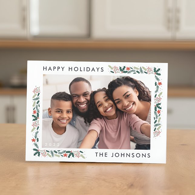 Happy Holidays Modern Botanical Foliage Photo Holiday Card (Creator Uploaded)