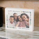 Happy Holidays Modern Botanical Foliage Photo Wooden Box Sign<br><div class="desc">Design is composed of simple serif and sans serif typography. Add a custom photo and family name and year.</div>