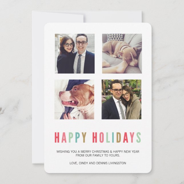 Happy Holidays | Modern & Bright Christmas 4 Photo Holiday Card (Front)