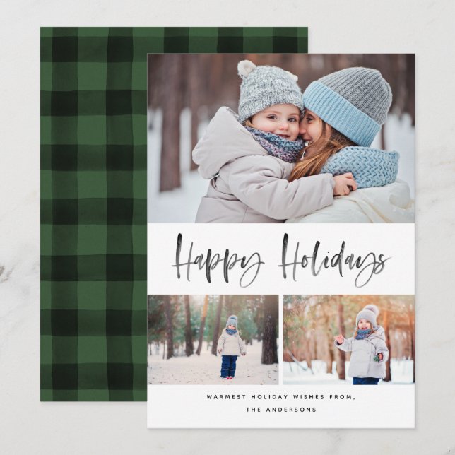 Happy Holidays Modern Brush Script Collage 3 Photo Holiday Card (Front/Back)