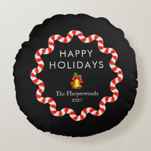Happy Holidays Modern Candy Cane Christmas Family Round Pillow