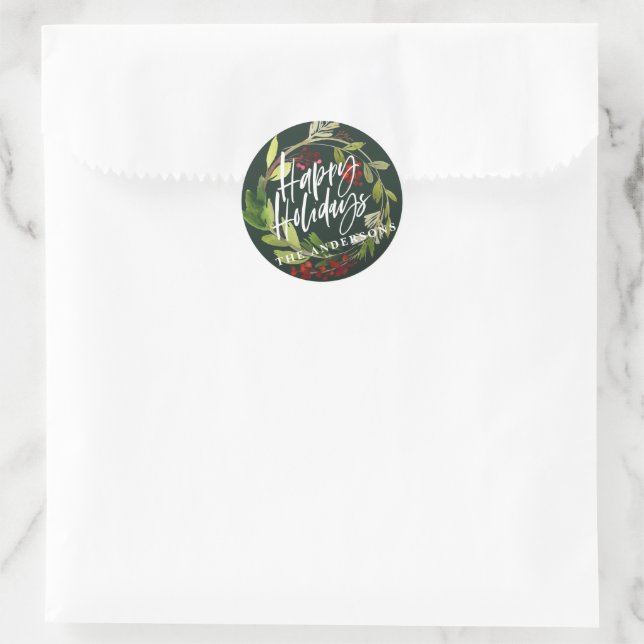 Happy Holidays modern chic watercolor foliage Classic Round Sticker (Bag)