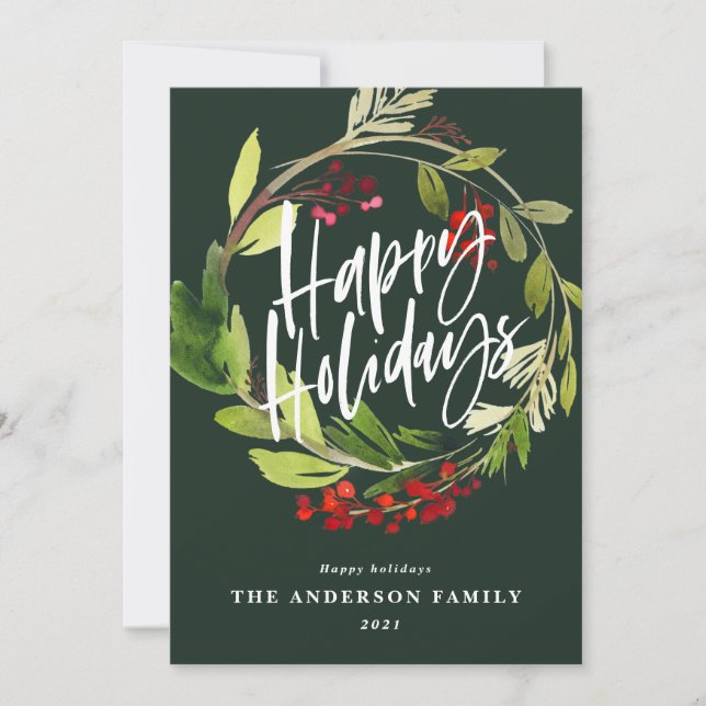 Happy Holidays modern chic watercolor foliage Holiday Card (Front)