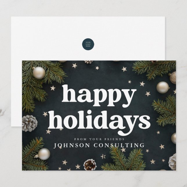 Happy Holidays Modern Christmas Ornaments and Pine Holiday Card (Front/Back)