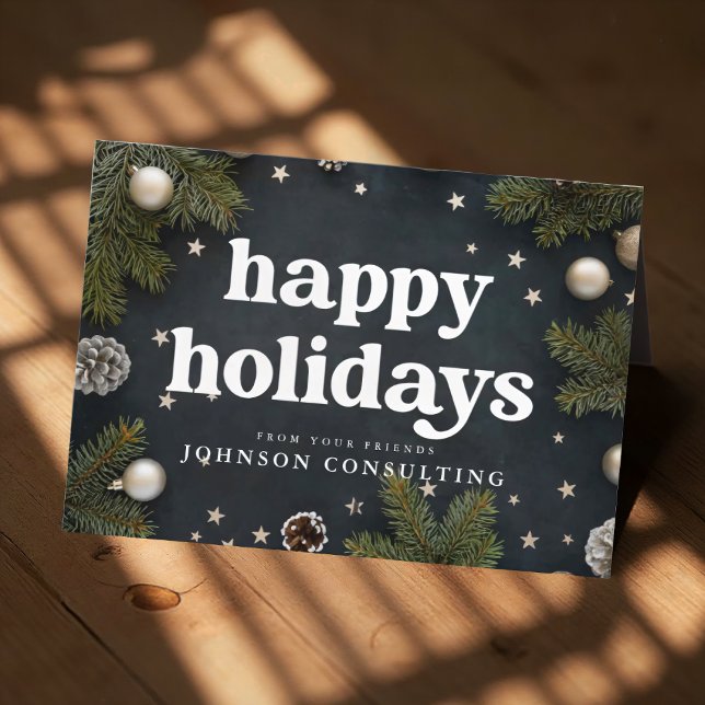 Happy Holidays Modern Christmas Ornaments and Pine Holiday Card (Creator Uploaded)