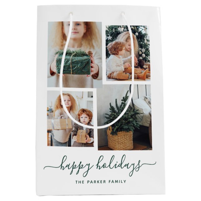 Happy Holidays | Modern Four Photo Collage Medium Gift Bag (Front)