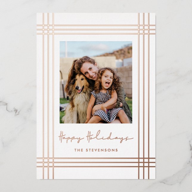 Happy Holidays Modern Frame Photo Foil Holiday Card (Front)