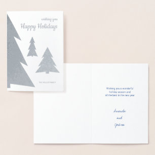 Happy Holidays Modern Geometric Trees Silver Foil Card