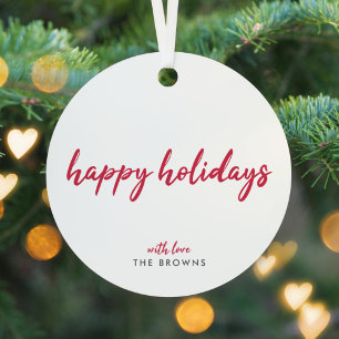 Happy Holidays Modern Minimalist Red Xmas Script Metal Ornament