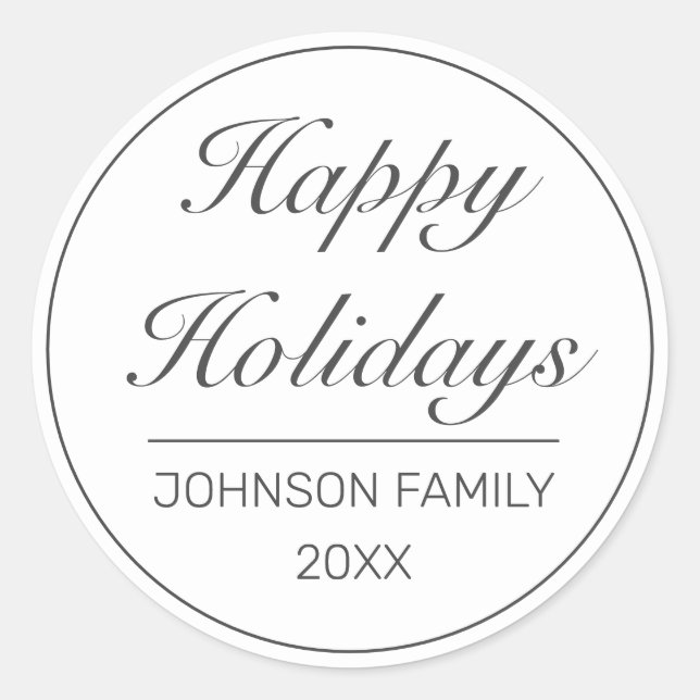 Happy Holidays Modern Minimalist White Black Classic Round Sticker (Front)