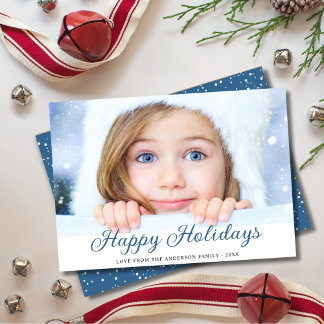 Happy Holidays Modern Photo Blue Holiday Card