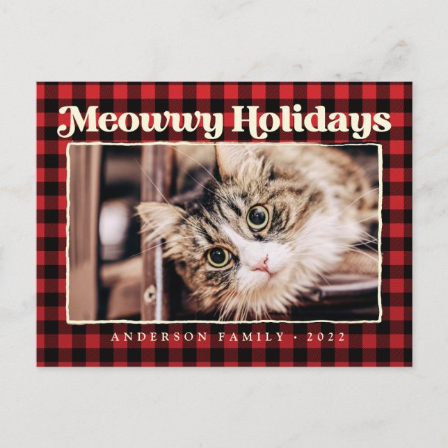 Happy Holidays Modern Plaid Funny Pet Cat Photo Holiday Postcard (Front)