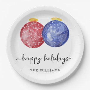 Happy Holidays Modern Red Blue Ornaments Simple Paper Plate