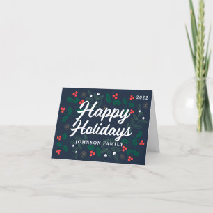 Happy Holidays Modern Red Holly Berries Foliage Holiday Card