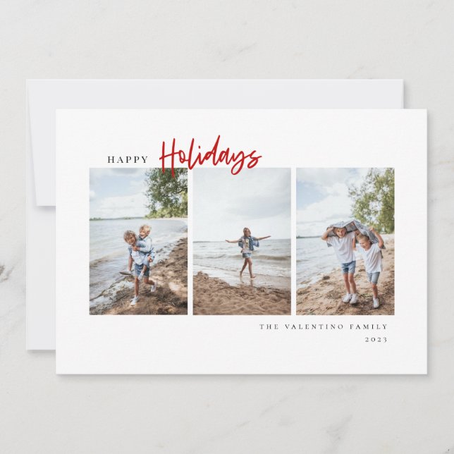 Happy Holidays Modern Red Script Minimalist Photo Holiday Card (Front)