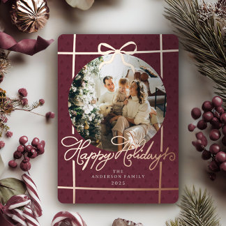 Happy Holidays Modern Script Bow Burgundy 1 Photo Foil Holiday Card
