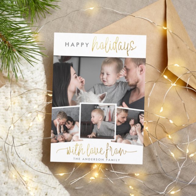 Happy Holidays | Modern Script Lettering & 4 Photo Magnetic Invitation (Creator Uploaded)