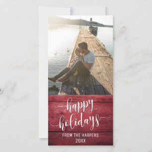 Happy Holidays Modern Script Red Rustic Wood Holiday Card