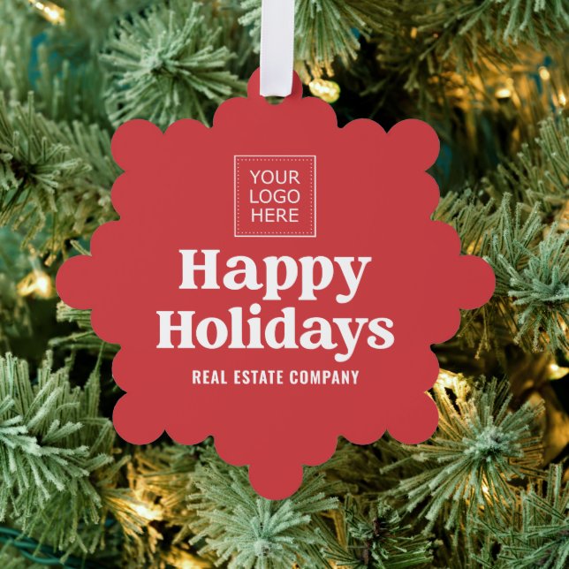 Happy Holidays Modern Simple Business Logo Ornament Card (Insitu (Tree))